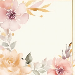 Hand-drawn bouquet of pink flowers and leaves. Watercolor mockup, top view. Greeting card with tender flowers and empty copy space for text. AI generative