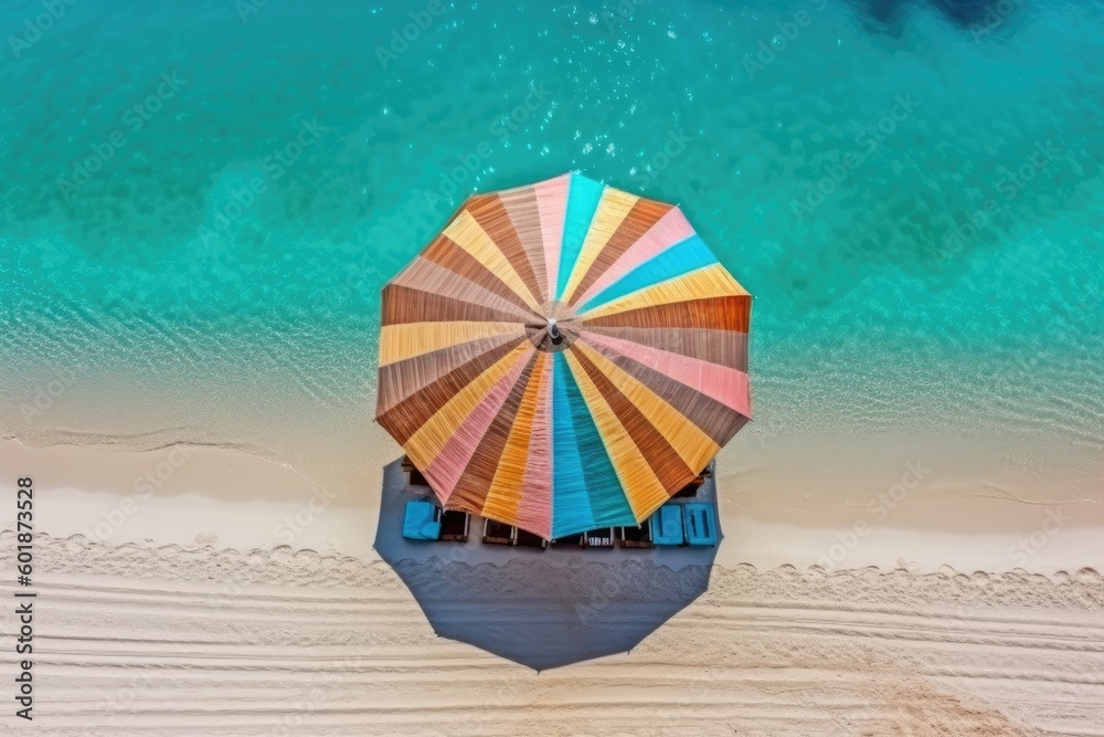 Wall mural colorful umbrella on a sandy beac generative ai