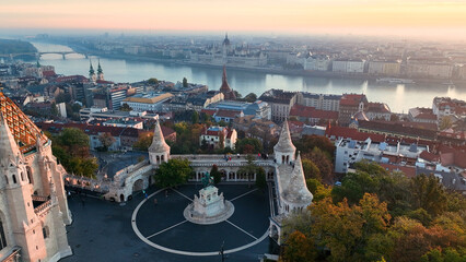 Budapest, Hungary, flying over the famous Fishermans Bastion and Matthias church towards the River...