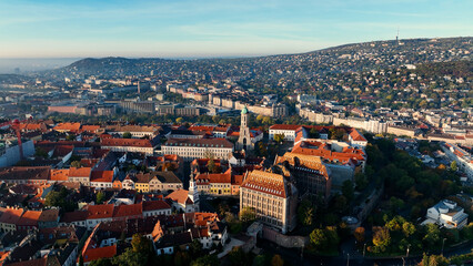 Aerial view of Budapest city skyline. Church of Mary Magdalene of Buda, one of the oldest churches of the Varkerulet District, Buda Castle District