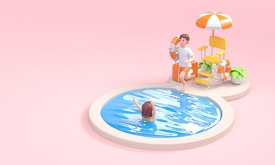 Lifeguard in a Swimming Pool. 3D Illustration
