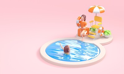 Lifeguard in a Swimming Pool. 3D Illustration