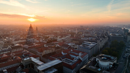 Stunning Sunrise, Aerial View Shot of Budapest city skyline, St. Stephens Basilica (Szent Istvan-bazilika) in the early morning. Hungary