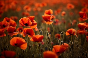 An image of a field filled with vibrant red poppies in full bloom. Generative Ai