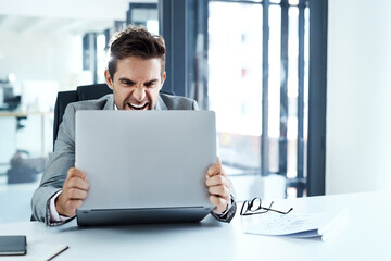Angry, man and stress with laptop in office frustrated with glitch, mistake or crisis. Anxiety, annoyed and male business person upset with fail, 404 and bad review, deadline report or tech problem