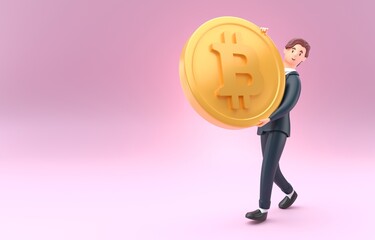 Man Carrying a Giant Bitcoin. 3D Illustration