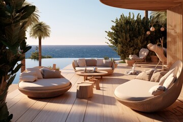 Obraz premium A captivating image of a chic poolside lounge area, offering a perfect blend of lavish design and awe-inspiring ocean views for an unforgettable summer experience. Generative AI