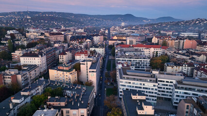 Budapest city sunrise skyline, aerial view. Danube river, Buda side, Hungary