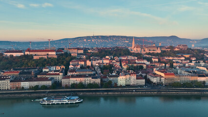 Fototapeta na wymiar Budapest city sunrise skyline, aerial view. Danube river, Buda side, Hungary