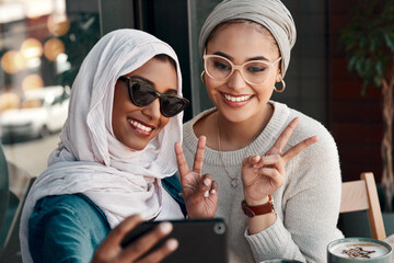 Selfie, muslim women and friends with peace sign in city for social media, influencer content...