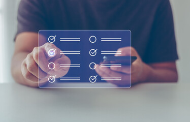 online exam concept, choose correct answer in test. checklist and online testing on smartphone....