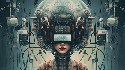 Woman head covered in electronic devices. Machine aesthetics. Cyberpunk surreal sci-fi illustration. Technology takeover concept. Generative AI. - obrazy, fototapety, plakaty