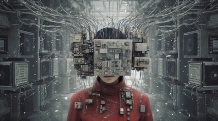Woman head covered in electronic devices. Machine aesthetics. Cyberpunk surreal sci-fi illustration. Technology takeover concept. Generative AI.
