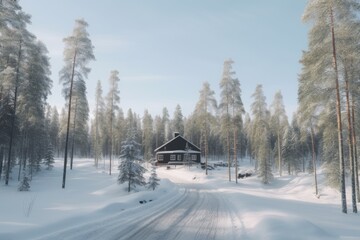 cozy cabin surrounded by a winter wonderland forest Generative AI