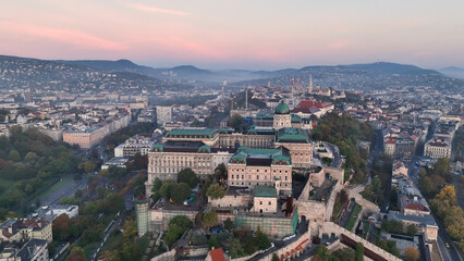 Aerial skyline view of Budapest with Buda Castle Royal Palace and River Danube at sunrise, Hungary