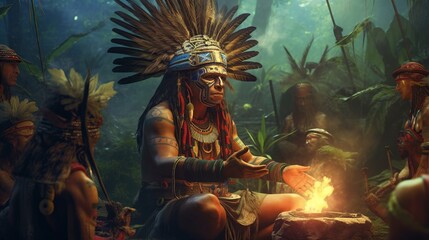 Illustration fantasy shaman leading a holy ayahuasca. Generative AI - obrazy, fototapety, plakaty