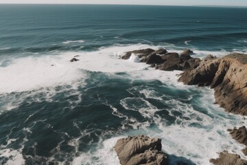 an aerial view of rocky coastline and pristine ocean waters Generative AI
