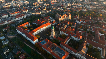 Aerial view of Budapest city skyline. Church of Mary Magdalene of Buda, one of the oldest churches of the Varkerulet District, Buda Castle District
