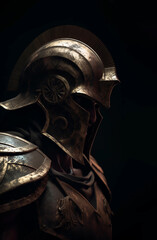 Roman legionary. Spartan warrior in armor isolated on black. Portrait of a warrior in the armor of a roman legionnaire isolated on a black background created with Generative AI - obrazy, fototapety, plakaty