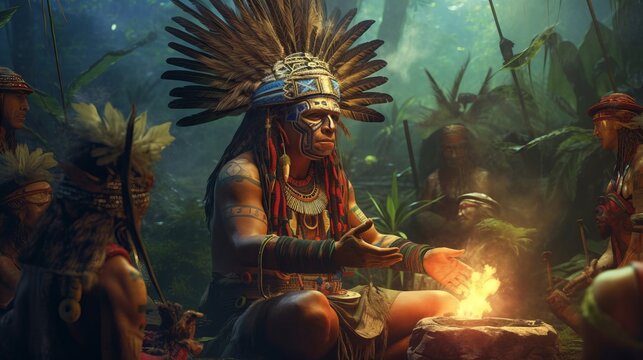 Illustration fantasy shaman leading a holy ayahuasca. Generative AI