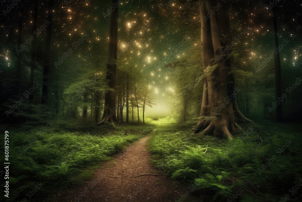 Poster starry forest path at night Generative AI