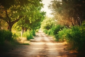 scenic dirt road surrounded by lush trees and bushes Generative AI