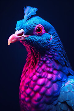 A close up of a neon colored pigeon bird with a black background. Generative AI.