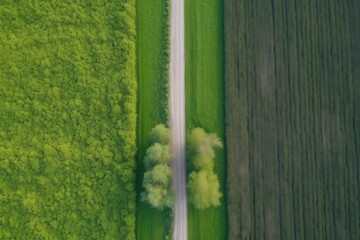 scenic countryside road cutting through lush green fields from an aerial perspective Generative AI