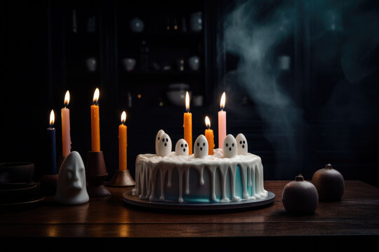 Cake decorated in a ghost theme, Generative AI