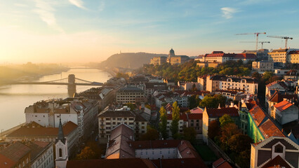 Aerial skyline view of Budapest with Buda Castle Royal Palace and River Danube at sunrise, Hungary