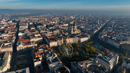Aerial view of Budapest city skyline and St. Stephens Basilica at sunrise, Hungary