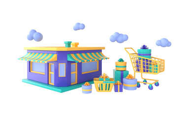 Fototapeta premium Cafe or store building, shopping cart with present box, clouds, shopping bag 3d rendering isolated on white background