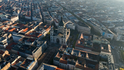 Stunning Sunrise, Aerial View Shot of Budapest city skyline, St. Stephens Basilica (Szent Istvan-bazilika) in the early morning. Hungary