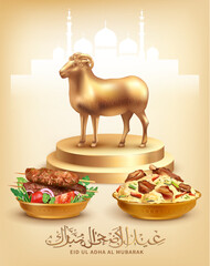 Eid Al Adha (Bakrid) greeting background with traditional Arabic dishes (kebab, maqluba), gold statuette of a sheep and calligraphy. Text translation: “Blessed festival of sacrifice”. Vector.