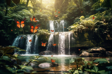 Fototapeta premium Butterflies fluttering around a tropical waterfall made with generative ai