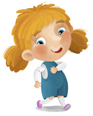 cartoon scene with young girl having fun playing leisure free time isolated illustration for children
