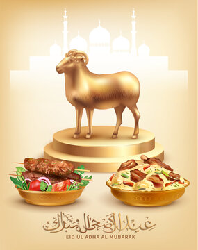 Eid Al Adha (Bakrid) greeting background with traditional Arabic dishes (kebab, maqluba), gold statuette of a sheep and calligraphy. Text translation: &ldquo;Blessed festival of sacrifice&rdquo;. Vector.