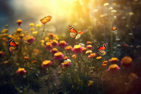 Butterflies resting on a bed of wildflowers made with generative ai
