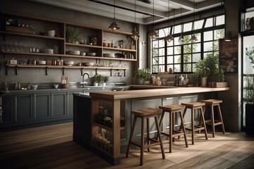 Fototapeta na wymiar A bar-equipped gray and wooden kitchen interior. Generative AI