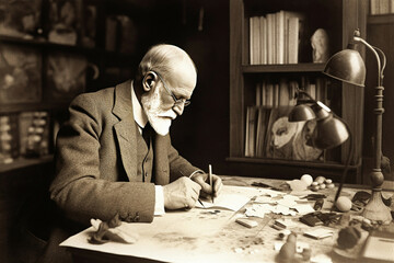 sigmund freud at work in his office - generative AI - obrazy, fototapety, plakaty