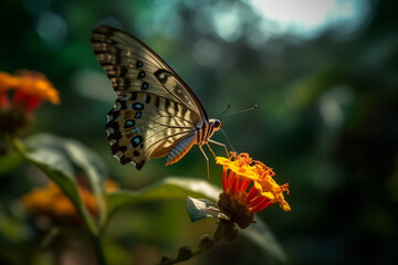 Obraz premium Macro shot of a butterfly's proboscis reaching for nectar made with generative ai