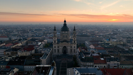 Stunning Sunrise, Aerial View Shot of Budapest city skyline, St. Stephens Basilica (Szent Istvan-bazilika) in the early morning. Hungary