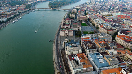 Obraz premium Aerial view of Hungarian Parliament Building in Budapest. Hungary Capital Cityscape at daytime