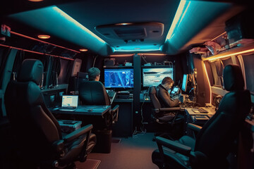 A group of people sitting inside surveliance van with computers and surveliance cameras. Generative AI.