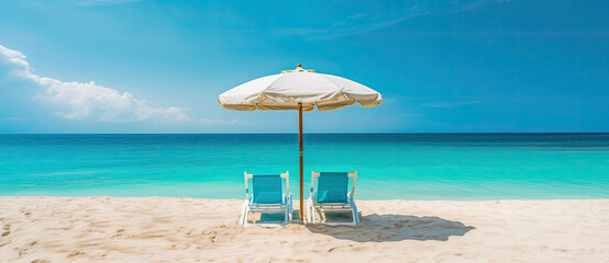 Turquoise sea, deckchairs, white sand and sun umbrella - AI Generated