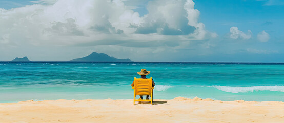 Woman alone in lounger on a tropical beach in the Caribbean - AI Generated