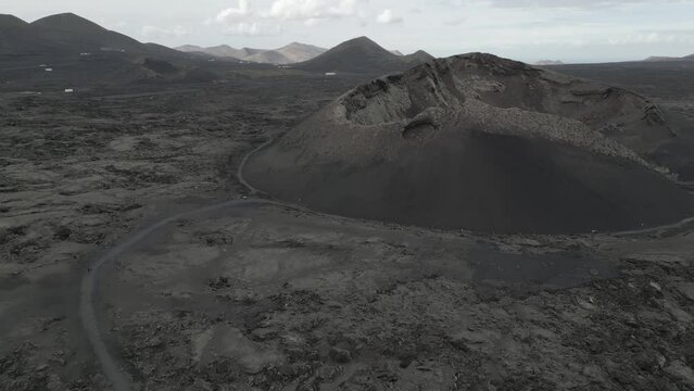 Aerial shot of Volcano El Cuervo, Timanfaya National Park, Tinajo, Las Palmas, Lanzarote