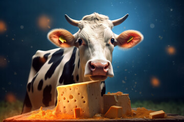 Dairy cow with various blocks of cheese,  Generative AI