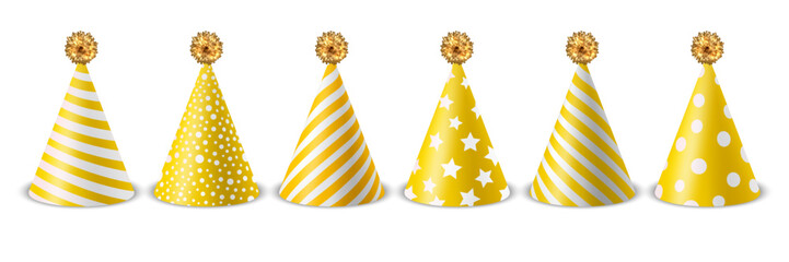 Vector 3d Realistic Yellow and White Birthday Party Hat Icon Set Isolated on White Background. Party Cap Design Template for Party Banner, Greeting Card. Holiday Hats, Cone Shape, Front View