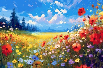 Obraz na płótnie Canvas Pixel Art Field of Flowers and Blue Sky Collage, Generative AI